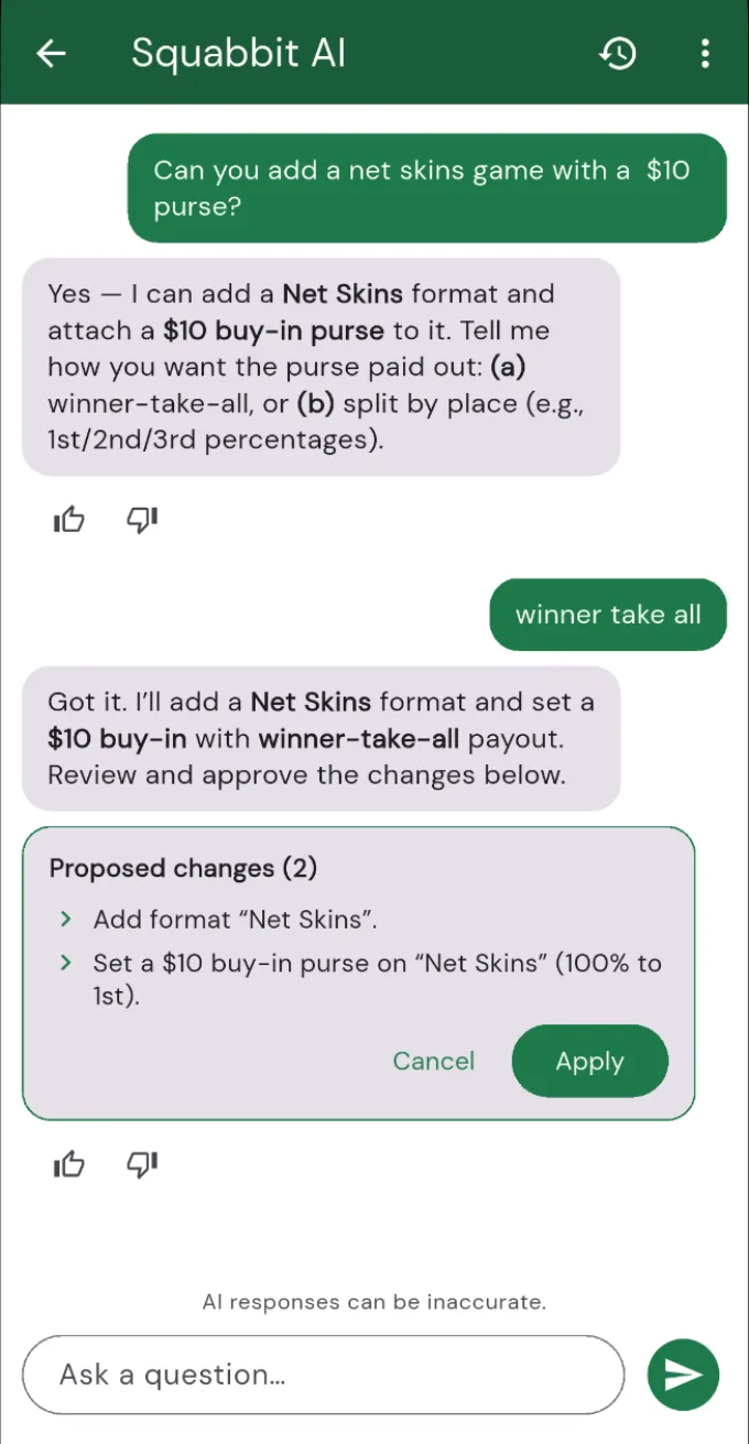 The Squabbit AI assistant proposing changes to add a net skins game with a $10 purse, ready to apply