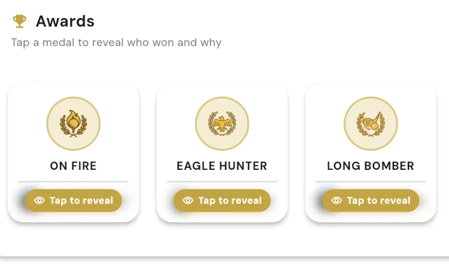 Season awards in Squabbit: On Fire, Eagle Hunter and Long Bomber medal cards from a league's end-of-season recap