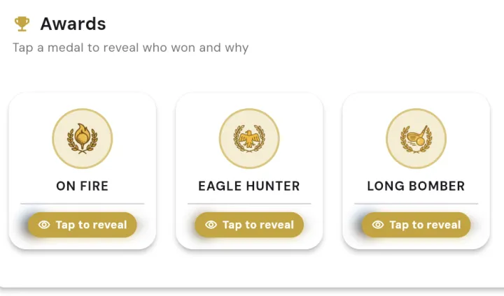 Season awards medal cards from a Squabbit league season recap