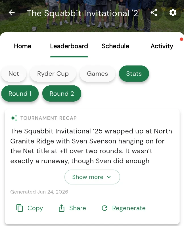 AI-generated tournament recap card on the Squabbit stats view