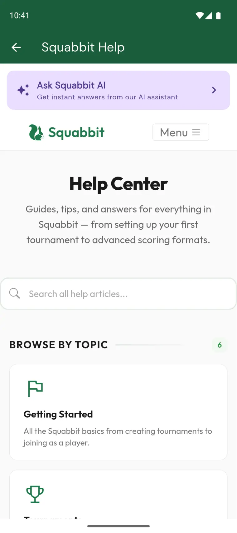 Ask Squabbit AI card on the Help screen