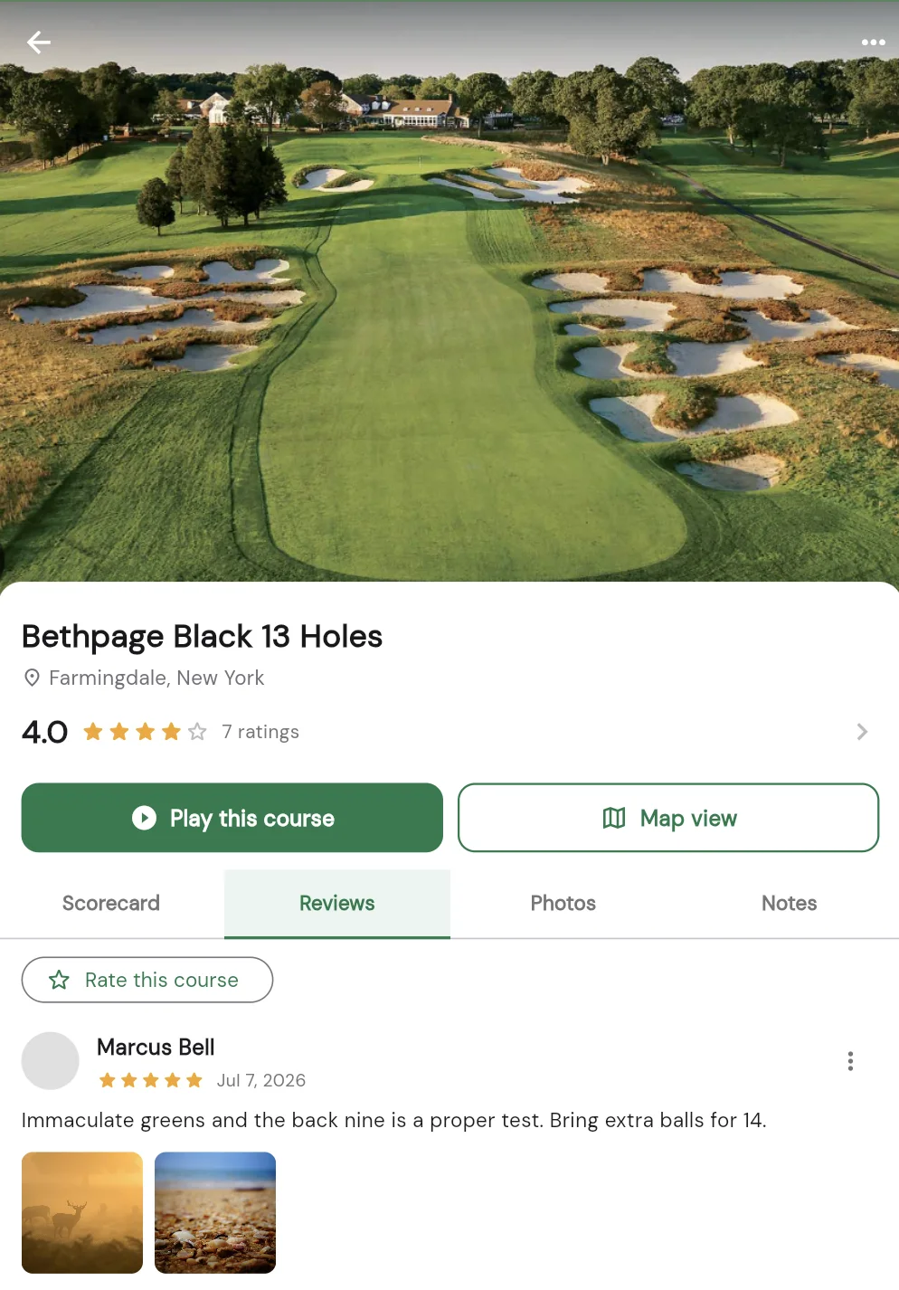 The redesigned Squabbit course page with a photo header and rating summary above the scorecard