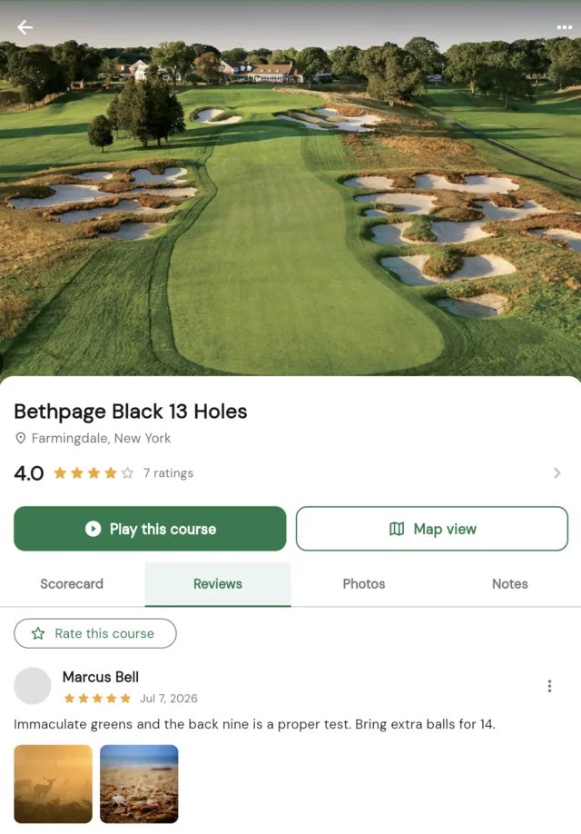 Squabbit course page with a photo header and star rating summary above the scorecard