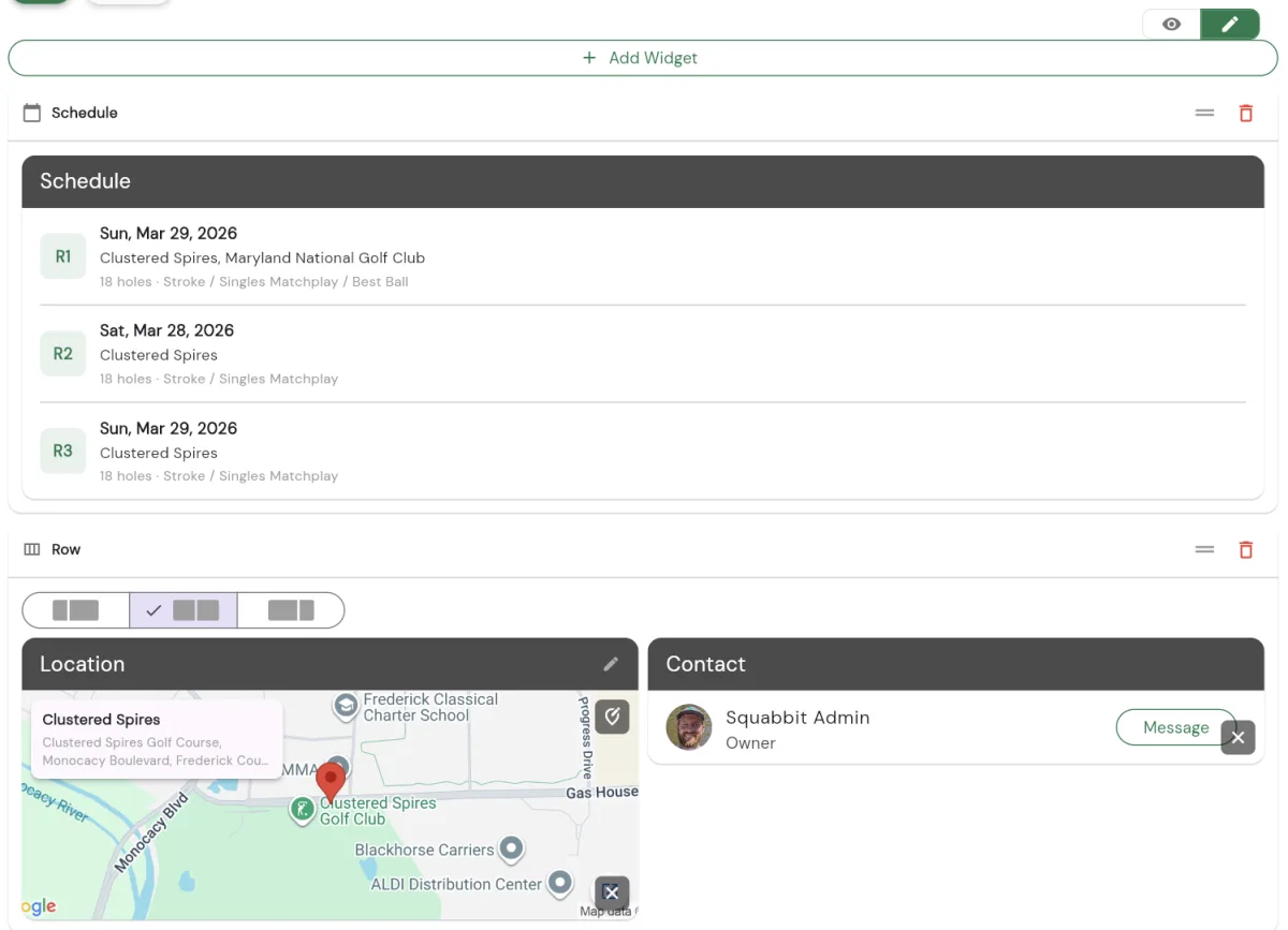 Home tab in edit mode showing drag handles, delete buttons, the Add Widget button, and a Row widget with its ratio picker