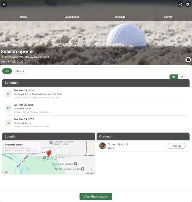 Group Home tab built from widgets including a course map and admin contacts