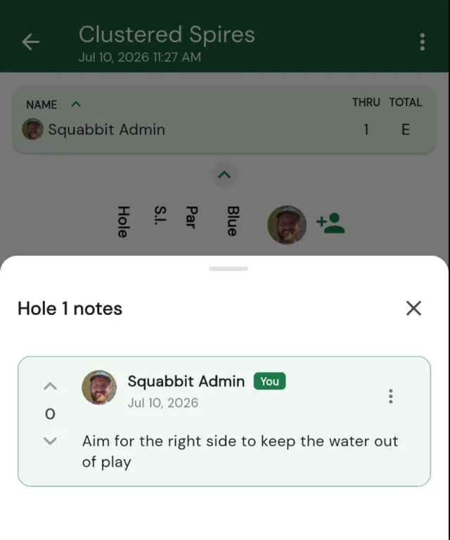The hole notes sheet on a Squabbit scorecard showing tips for a hole and their vote counts