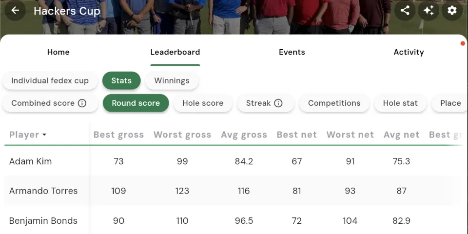 Season-long league stats in Squabbit, with categories for combined and round scores, hole stats, streaks and more