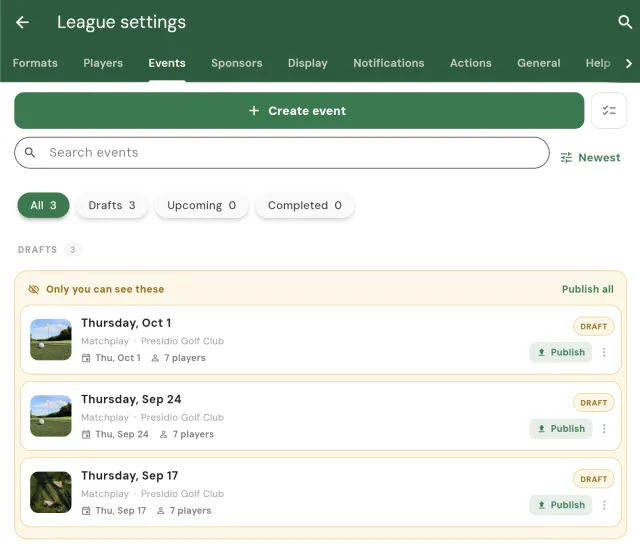 A league's draft events in Squabbit