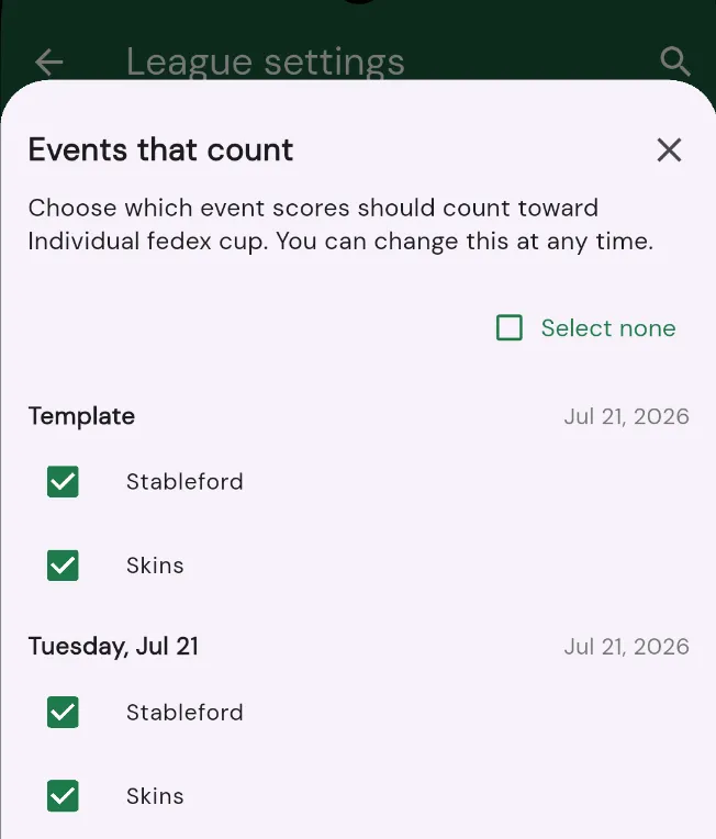 The Events that count setting: check which event scores count toward each format's standings