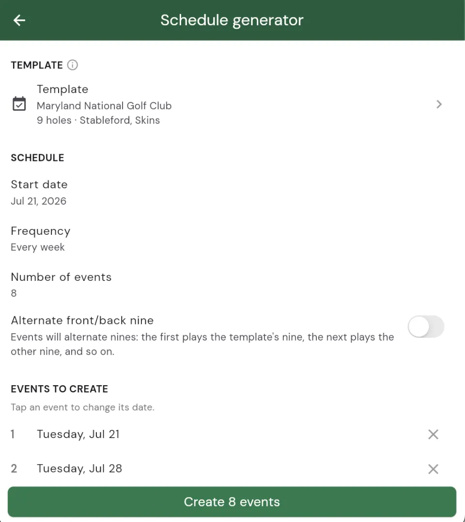 The league schedule generator: template, start date, frequency, number of events, and a preview list of events to create