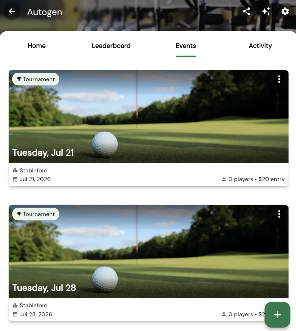 A league's Events tab after generating a season: each week's tournament event listed with its date and format