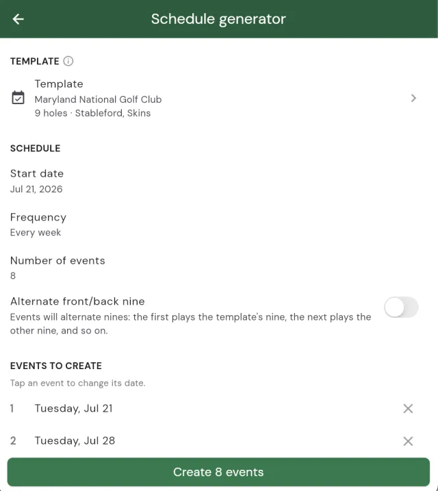The league schedule generator with template, start date, frequency, and a preview list of events to create