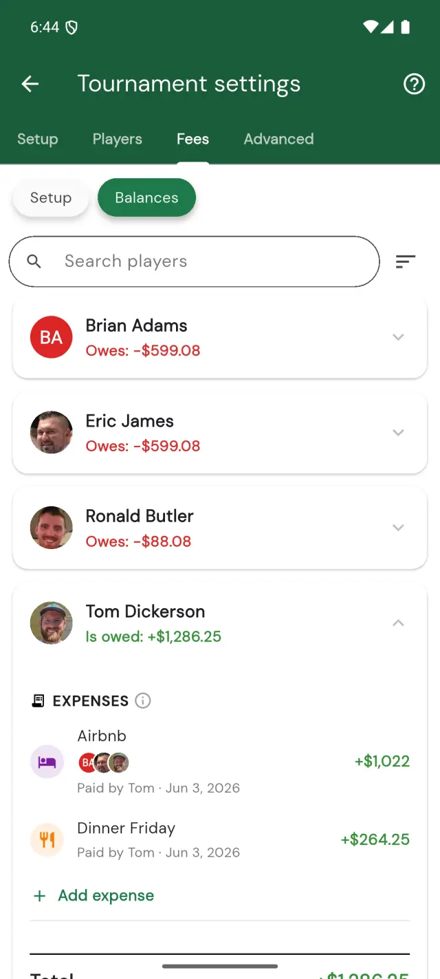 Balances list in Squabbit showing each group member with their net balance
