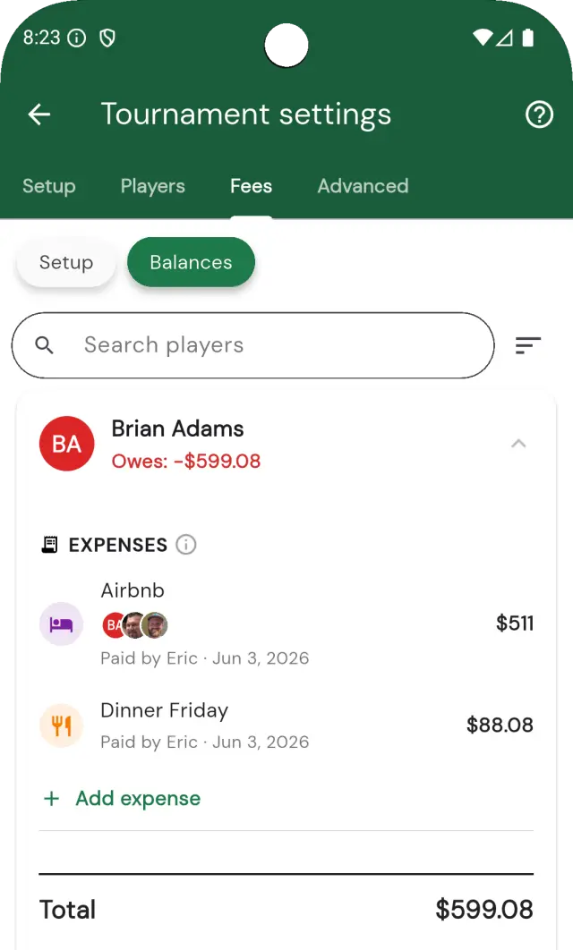 Squabbit Balances tab showing a player's balance breakdown with fees, expenses, and a Pay button