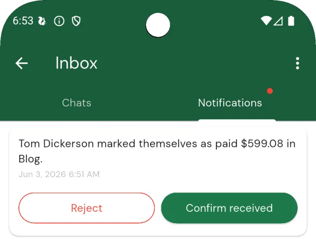 Squabbit payment notification showing that a player marked themselves as paid, with Reject and Confirm received buttons