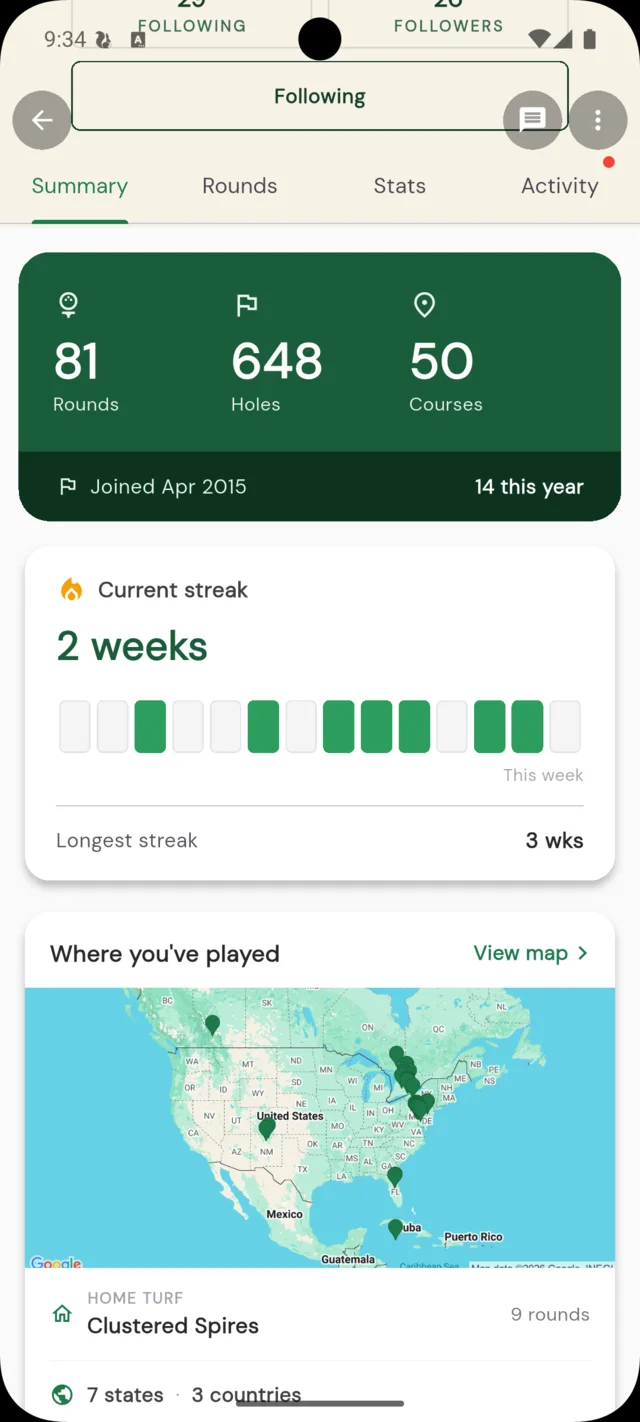 The new profile Summary tab with rounds, a streak, a map of courses played, and a golf passport