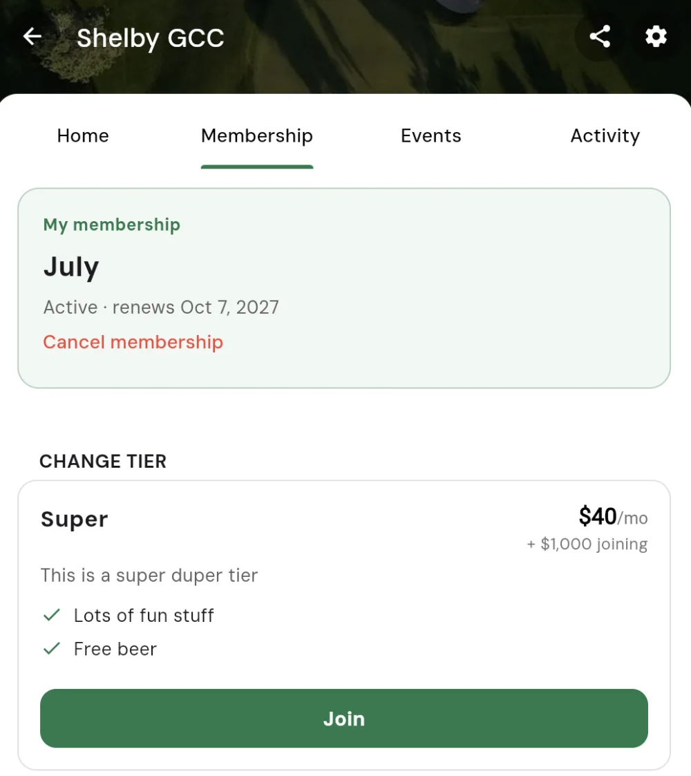 A member's Membership tab in a club, showing their current tier, status and renewal date, with a Pay dues button and the tiers they can join
