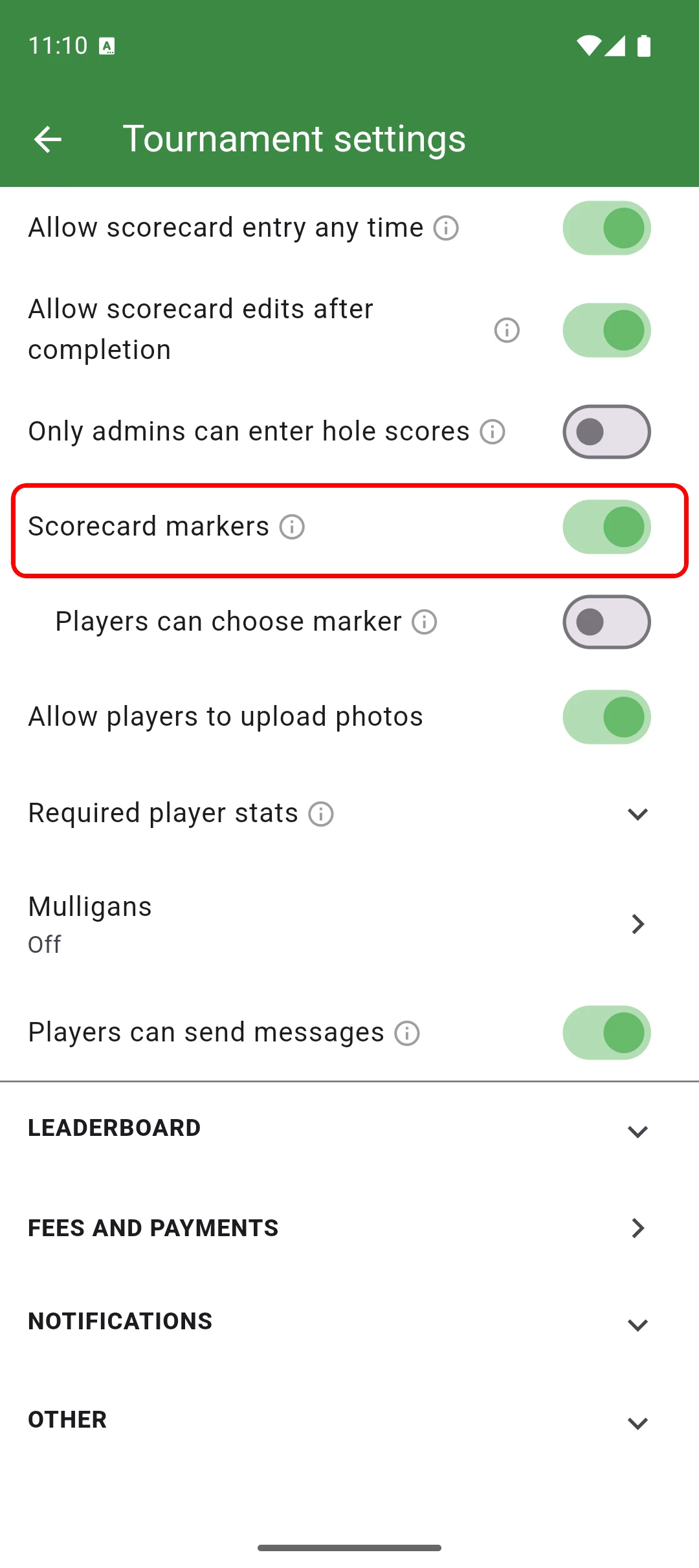 Tournament settings with scorecard markers toggle