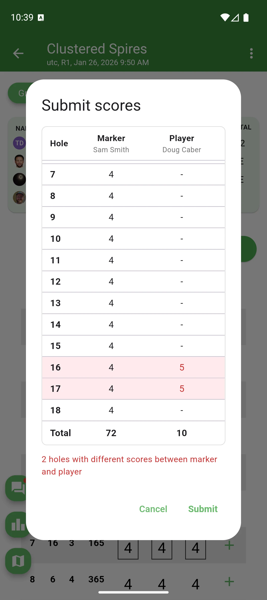 Scorecard with marker submission dialog