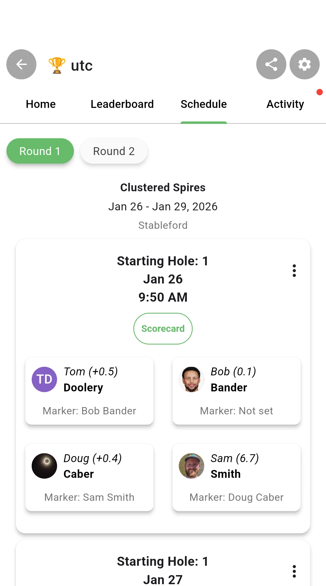 Tee times view with marker assignment