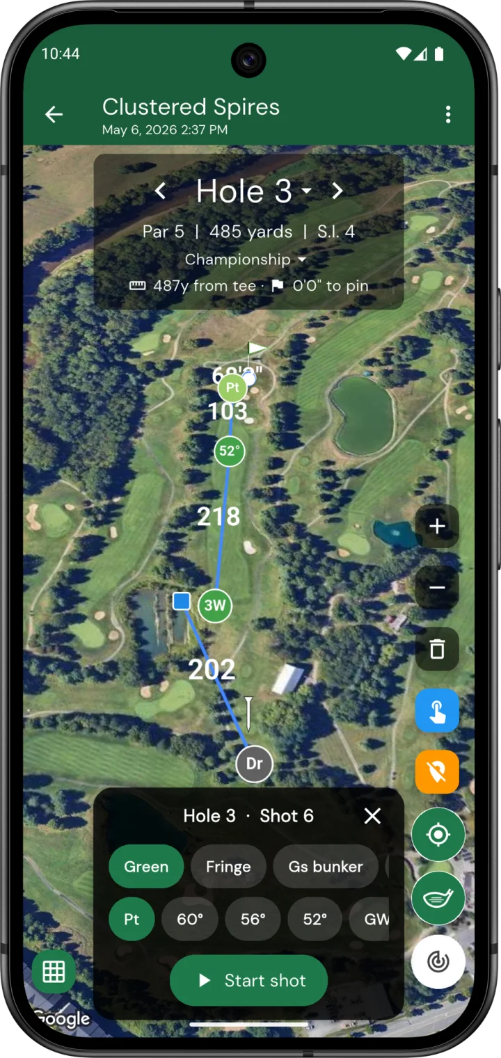 Phone scorecard map showing tracked Driver, 3 Wood, 52-degree wedge, and putter shots on a par 5 with the inline shot picker pinned to the bottom