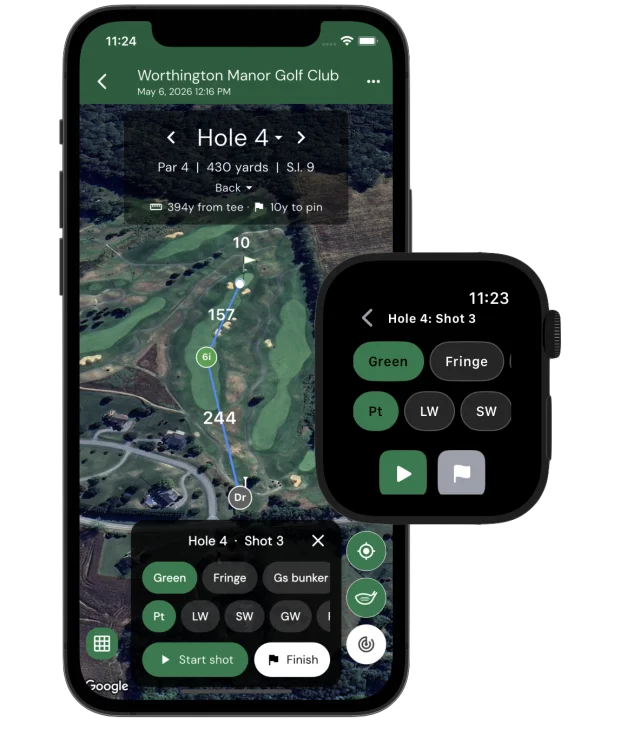 Apple Watch and iPhone side by side showing Squabbit's shot tracker — watch picker overlaid on phone map with shots drawn