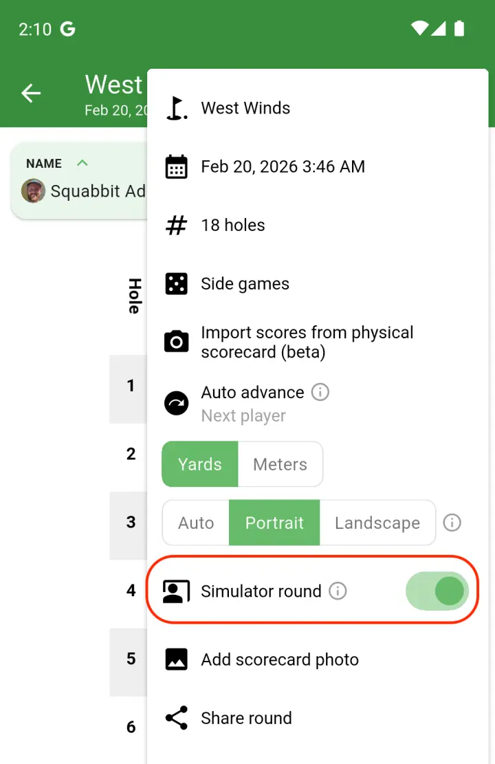 Simulator round toggle on the scorecard