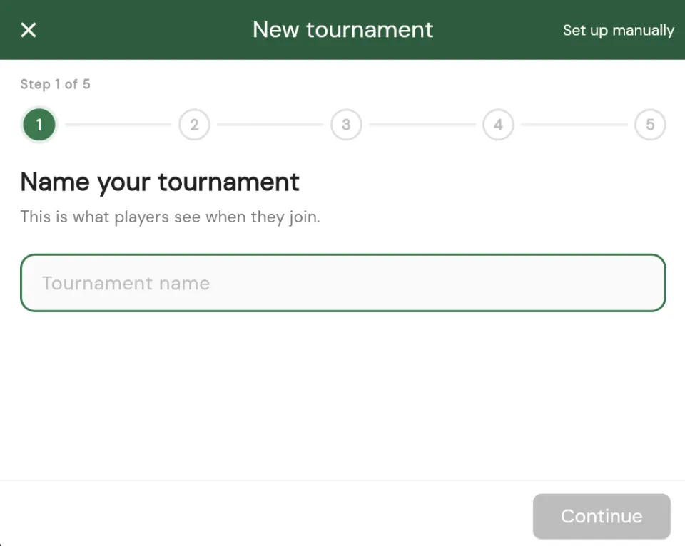 The new create-a-tournament wizard, step 1 of 5: Name your tournament