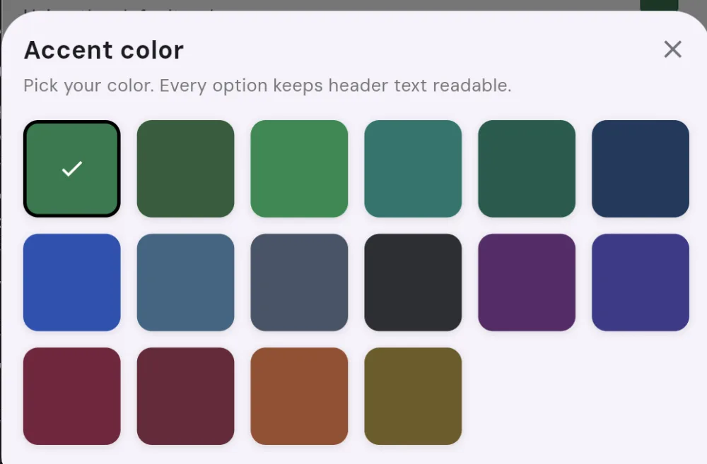 The Accent color picker sheet with the description Pick your color, every option keeps header text readable, and a grid of color swatches (greens, blues, a dark slate, purples, reds, brown, and olive) with the current color ticked