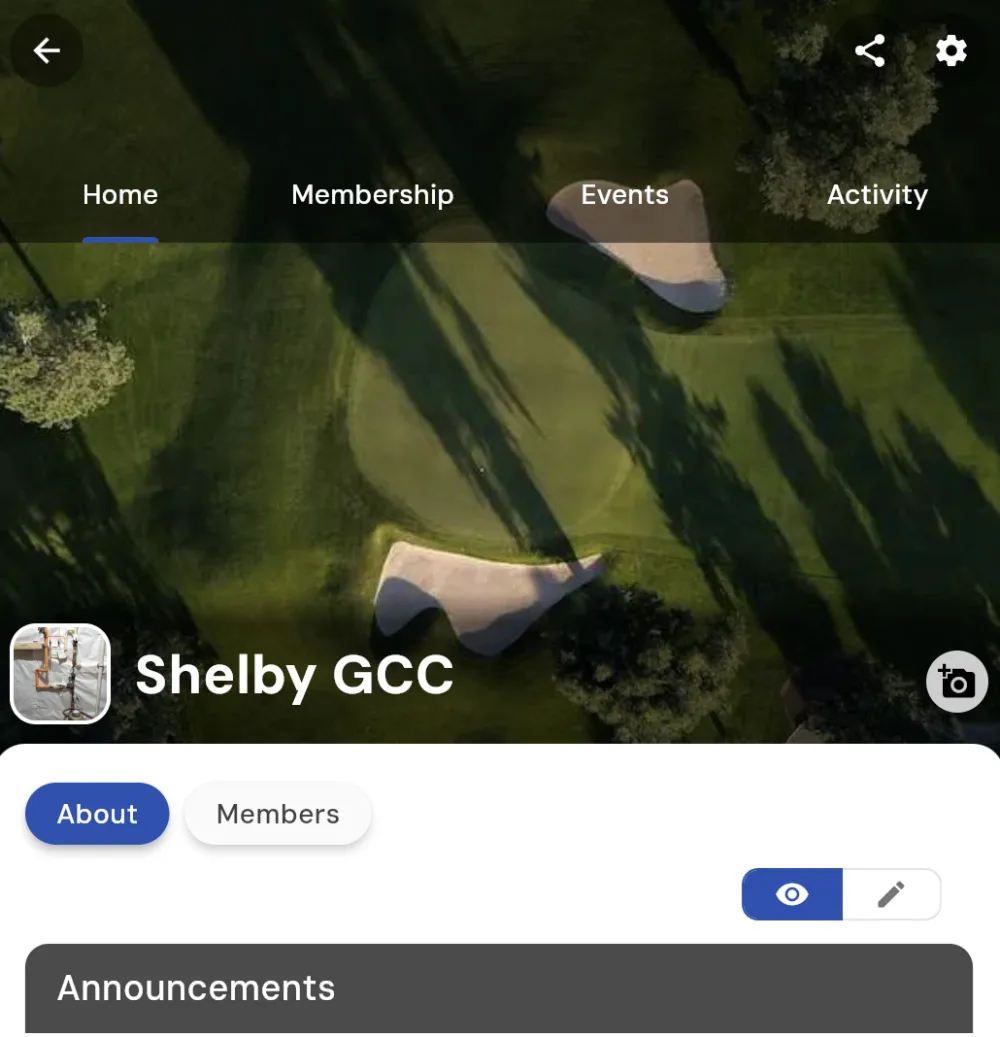 A club home page (Shelby GCC) with custom branding applied: the club logo badge in the bottom-left corner of the header photo, and a blue accent color on the selected tab underline and the About and preview buttons