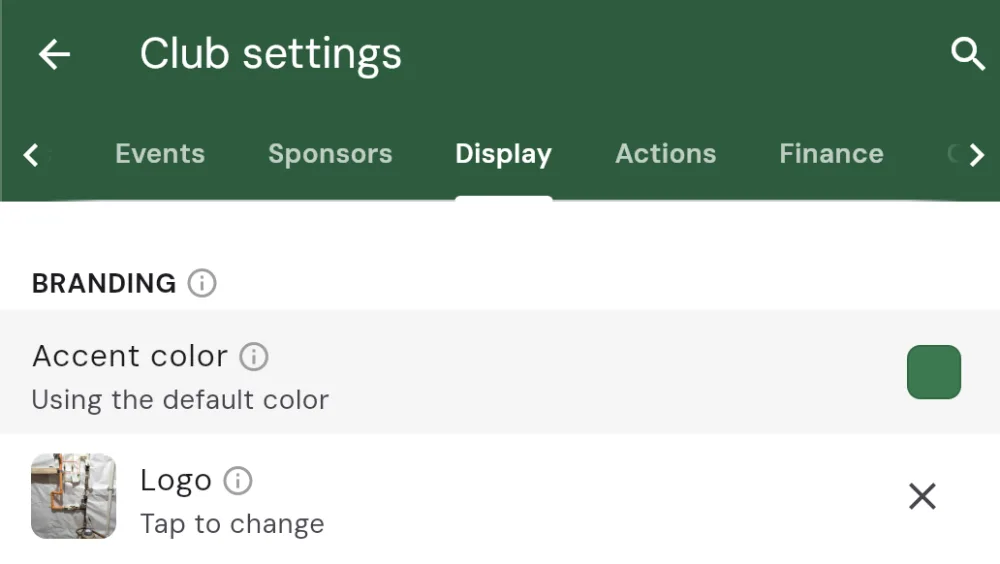 The Branding section on the club settings Display tab, with an Accent color row showing a colored swatch on the right (currently the default color) above a Logo row showing the current logo thumbnail and a Tap to change prompt