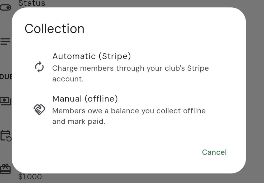 The Collection chooser dialog with two options: Automatic (Stripe), charge members through your club's Stripe account; and Manual (offline), members owe a balance you collect offline and mark paid