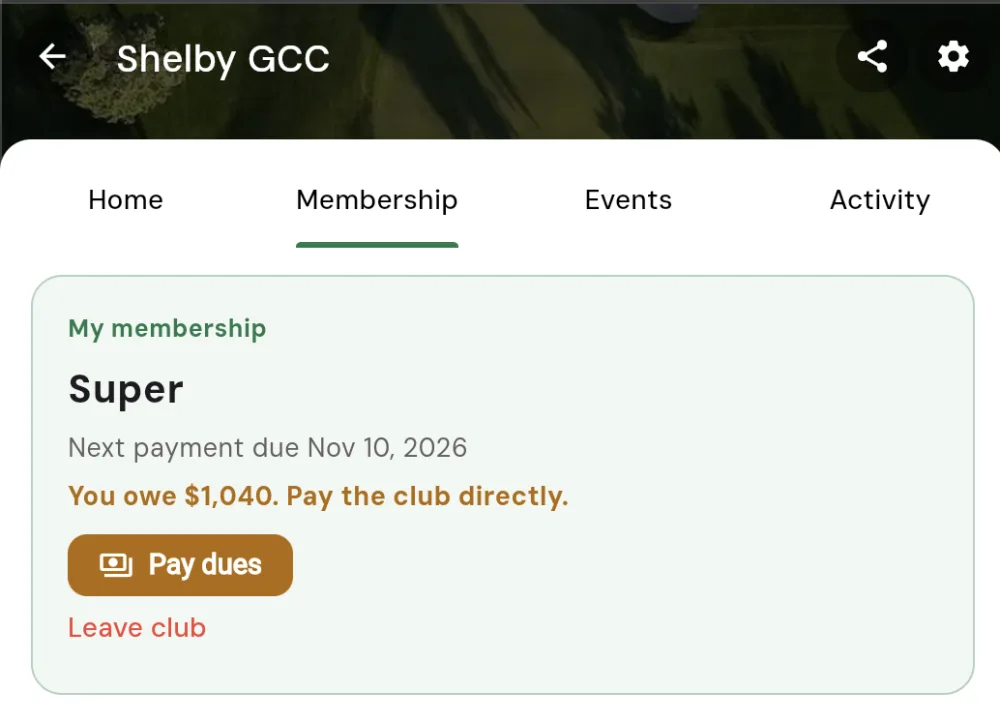 The member Membership tab showing My membership on the Super tier, the next payment due date, a message that they owe $1,040 and should pay the club directly, a Pay dues button, and a Leave club link