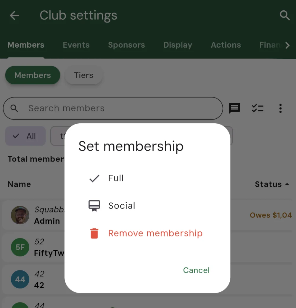 The admin Set membership dialog opened from the club Members roster, listing the tiers (Full, currently checked, and Social) plus a red Remove membership option, with a Cancel button