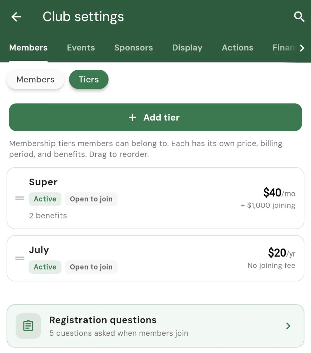 The Tiers tab under Members in club settings, with an Add tier button and two membership tiers listed, each showing its name, Active and Open to join status, price and billing period, joining fee, and benefit count