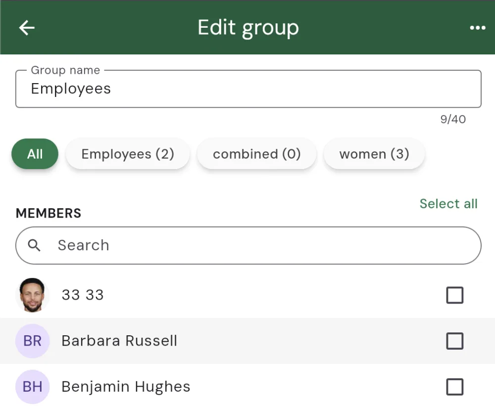 The Edit group screen for a group named Employees, with a Group name field, filter chips for each group, and a searchable MEMBERS list where each member has a checkbox, plus a Select all option