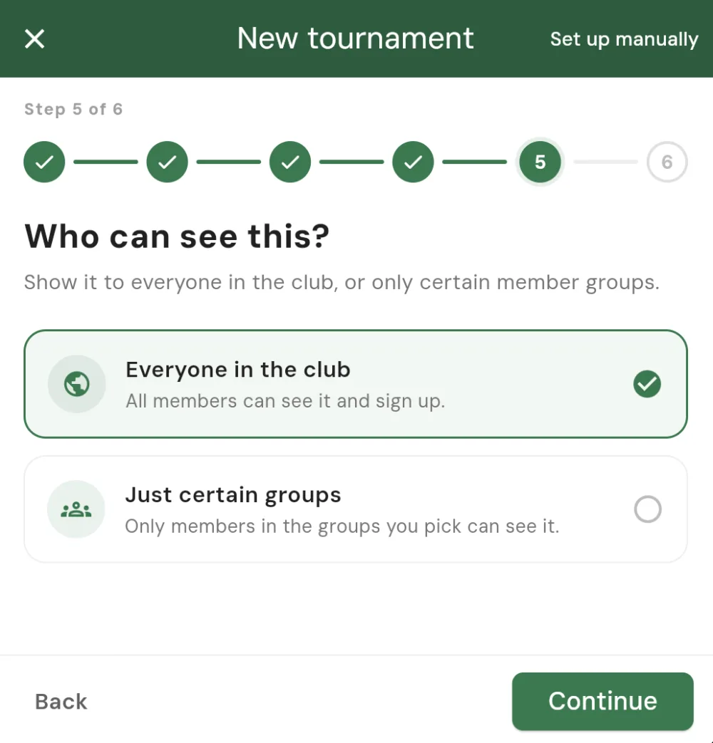The Who can see this? step when creating a club event, with two options: Everyone in the club (selected, all members can see it and sign up) and Just certain groups (only members in the groups you pick can see it)