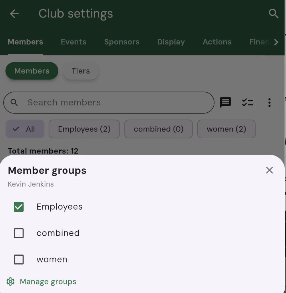 The Member groups sheet for a single member (Kevin Jenkins), listing each group with a checkbox (Employees ticked, combined and women unticked) and a Manage groups link at the bottom