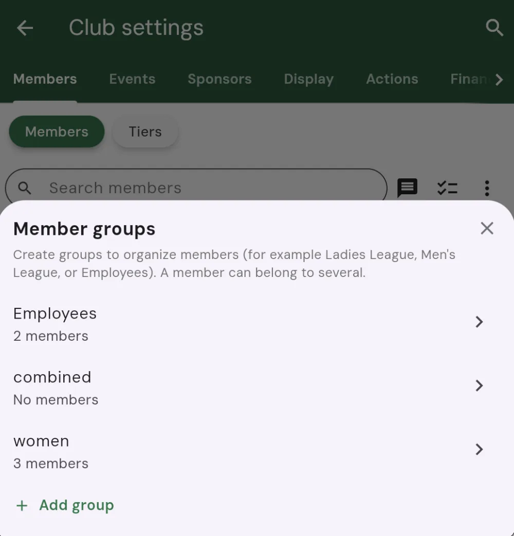 The Member groups sheet open over the club Members tab, explaining that groups organize members (for example Ladies League, Men's League, or Employees), with three groups listed each showing a member count, and an Add group button