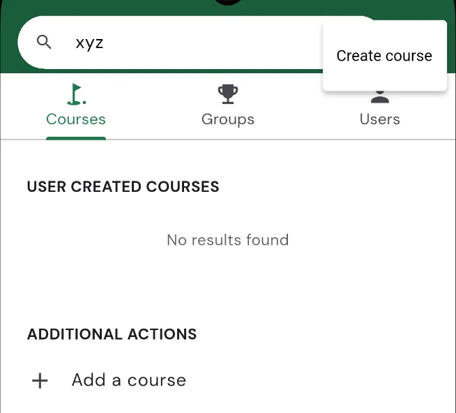 The course search with the overflow menu open showing Create course, and an Add a course row under Additional actions at the bottom