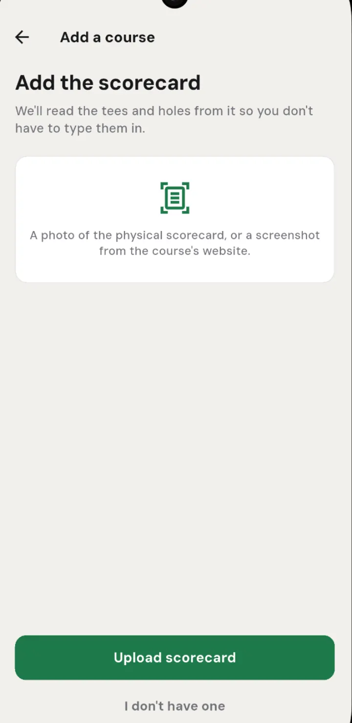 The first wizard step, Add the scorecard, with an Upload scorecard button and an I don't have one link
