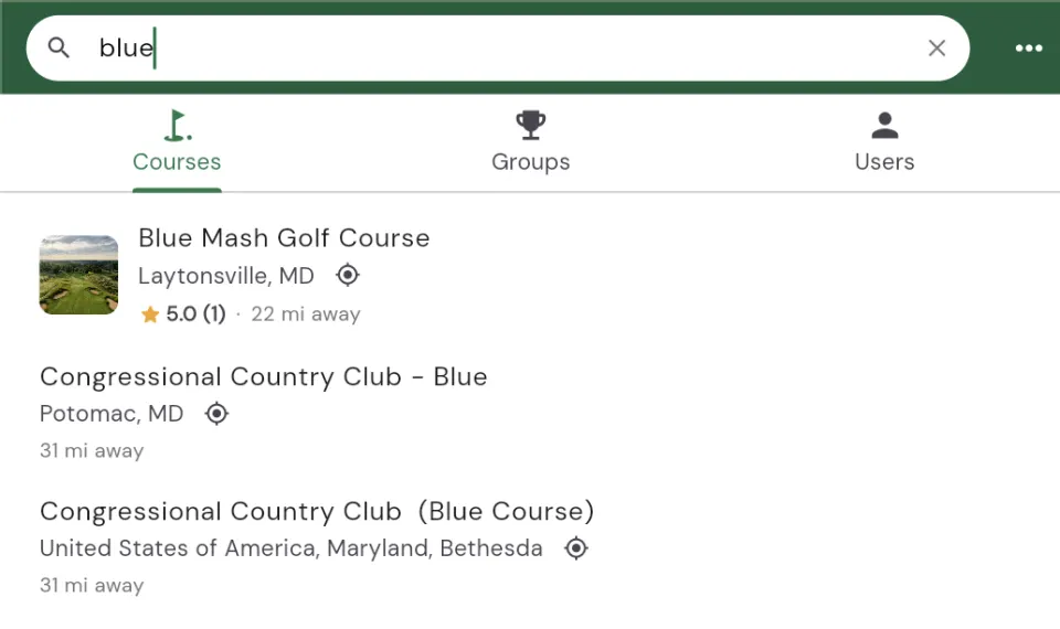 The course search view: a search box with the Courses tab selected and a list of matching courses, each with location, rating, and distance