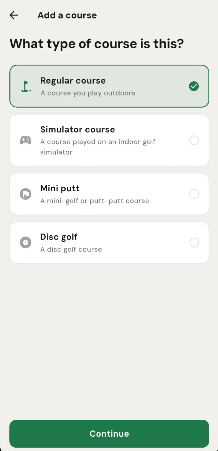 The What type of course is this step with Regular course selected, plus Simulator course, Mini putt, and Disc golf options
