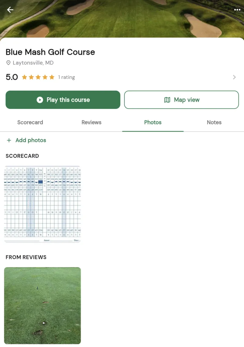 The Photos tab on a course page, with an Add photos row above photos grouped by category (Scorecard, From reviews)