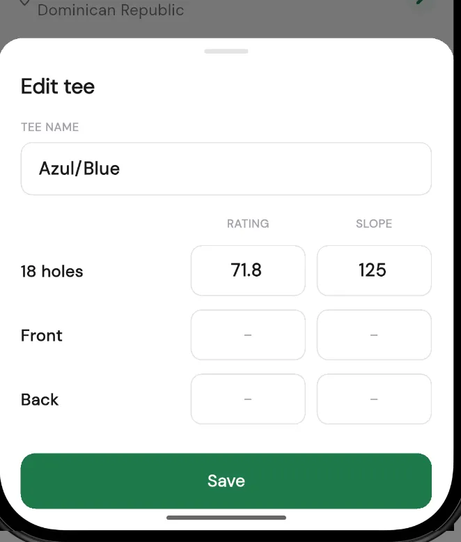 The Edit tee sheet: a Tee name field and Rating and Slope values for 18 holes, Front, and Back