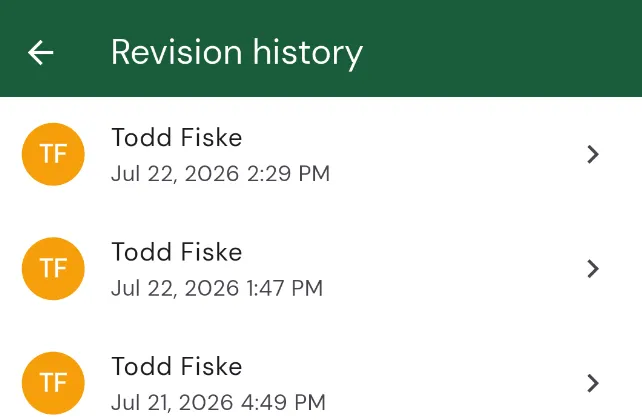 The Revision history list: each entry shows who edited the course and when, with a chevron to open that revision
