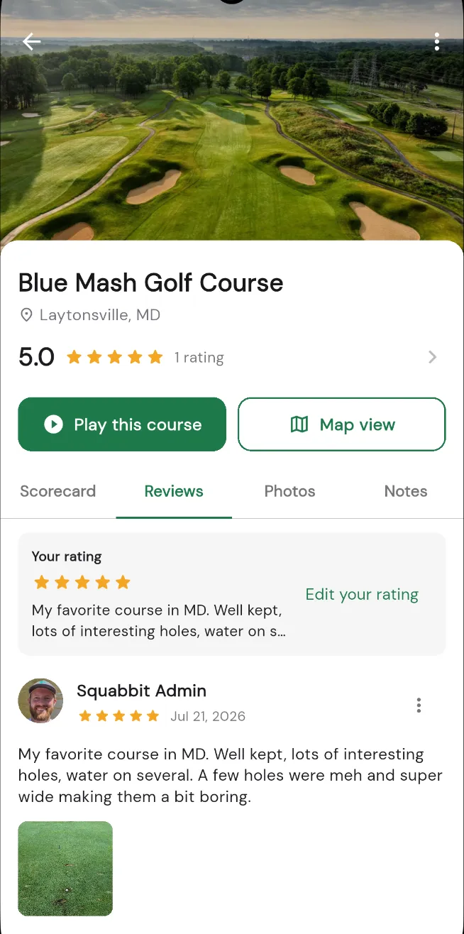 A course page with a photo header and tabbed layout, the Reviews tab open showing the rating summary, your own rating, and a player's review