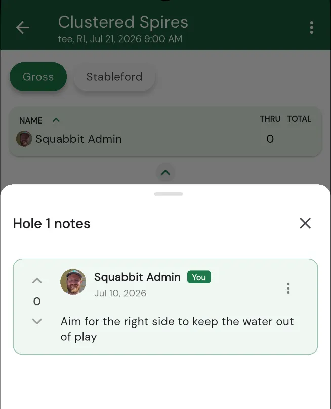 The Hole 1 notes sheet on a scorecard, showing a player's tip with upvote and downvote arrows and its vote count