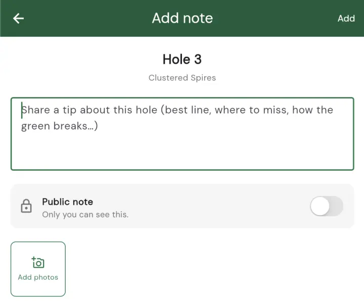 The Add note dialog for a hole, showing the Public note toggle turned off with the caption Only you can see this