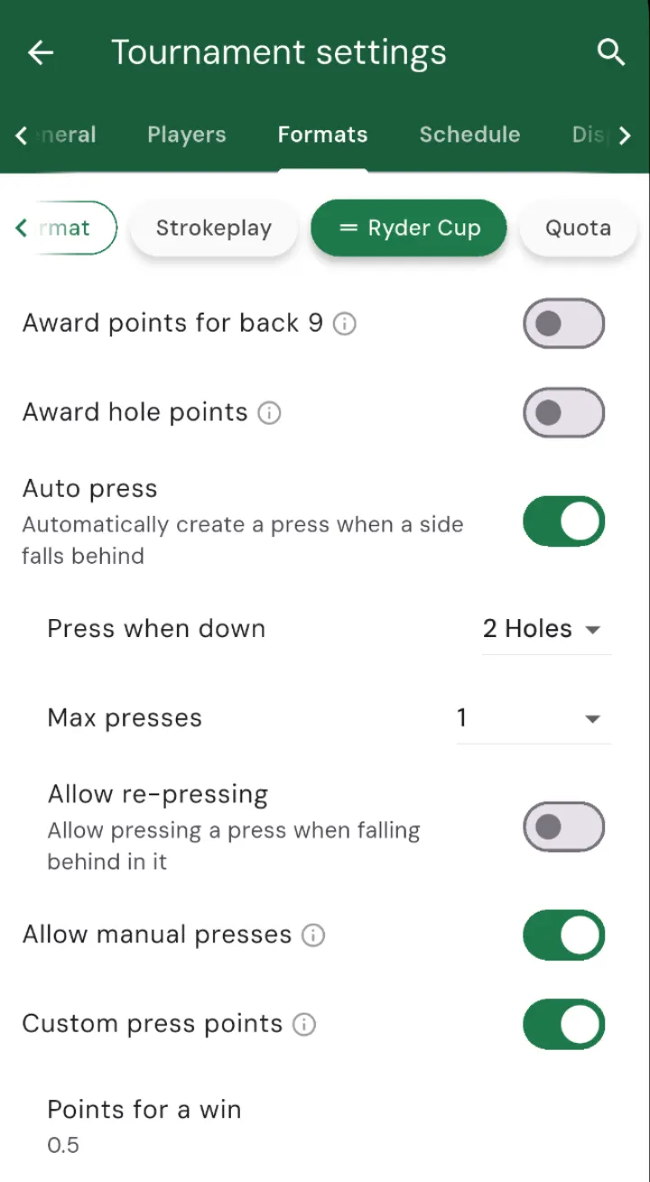 The presses settings in a match-points tournament format, with Auto press on, Press when down set to 2 holes, Max presses, Allow re-pressing, Allow manual presses, and Custom press points